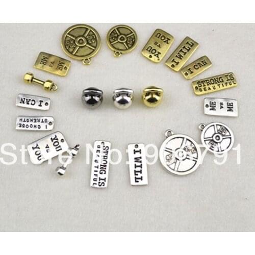 "ME and ME""strong is beautiful" tag antique silver dumbbell mix styles charms pendant