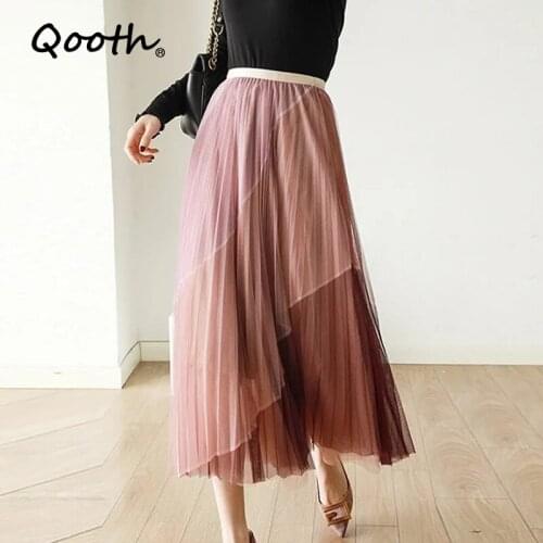Qooth Pleated Color Match Mesh Skirt Spring Mid-Length High Waist All Match Skirt Elastic Waist Big Swing Lining Skirt QT700