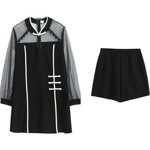 Retro mature improved black puff sleeve tulle cheongsam mini skirt two-piece set 2021 summer new plus size womens clothing