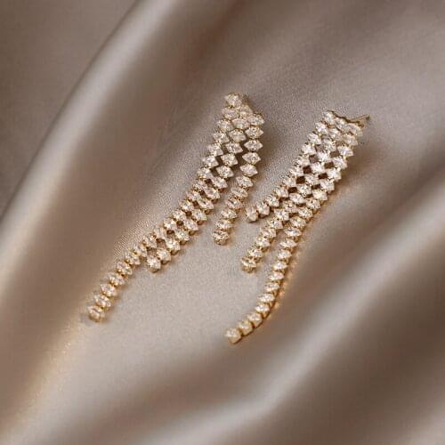 Luxury Shining Zircon Multi Row Tassel Gold Drop Earrings For Woman Elegant Accessories For Korean Fashion Jewelry Wedding Girls
