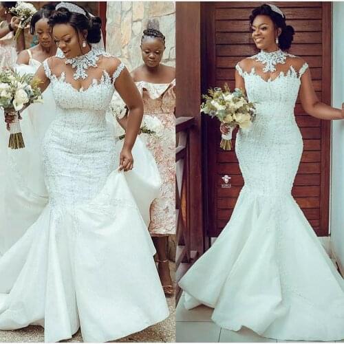 Gorgeous High Neck Dubai African Mermaid Wedding Dresses For Women Bride Skin Tulle Crystals Beaded Trumpet Bridal Gowns 2021