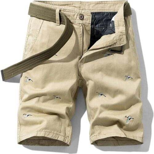 Embroidery Summer Cargo Short Men Casual Straight Knee Length Mid-waist Mens Overalls 100% Cotton Breathable Short Masculino
