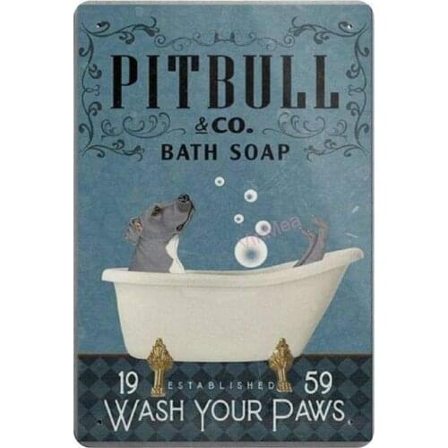 Pitbull in Bathtub Bath Soap Novelty Parking Retro Metal Tin Sign Plaque Poster Wall Decor Art Shabby Chic Gift
