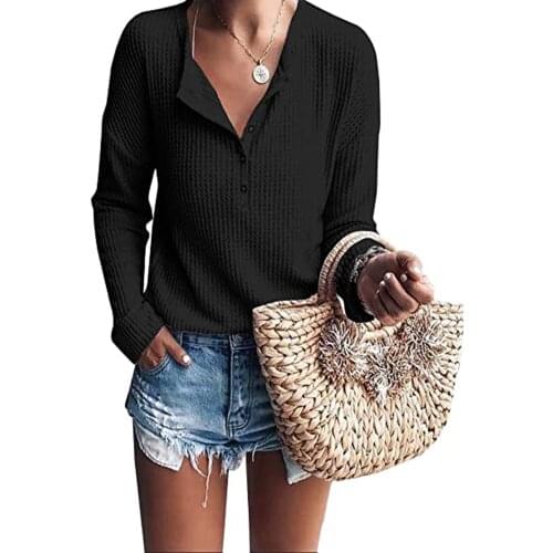 Womens Waffle Knit Tunic Tops Loose Long Sleeve Button Up V Neck Henley Shirts, Size S-XL
