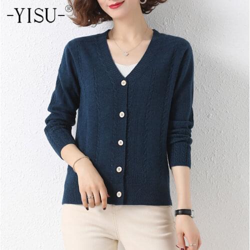 YISU Women Spring Sweater Cardigan V-Neck Solid color Spring tops Female Casual Thin section Buttons Knitted Cardigan 2021 New