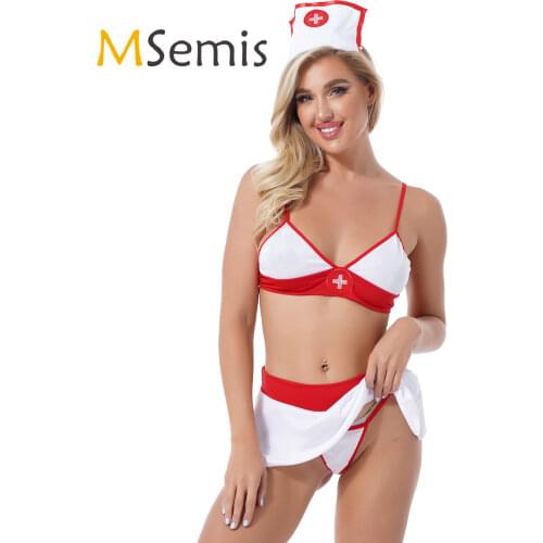 Womens Lingerie Sexy Nurse Cosplay Costume Sexy Babydoll Lingerie Set Nightwear Unlined Bra with Mini Skirt Hair Hoop G-string