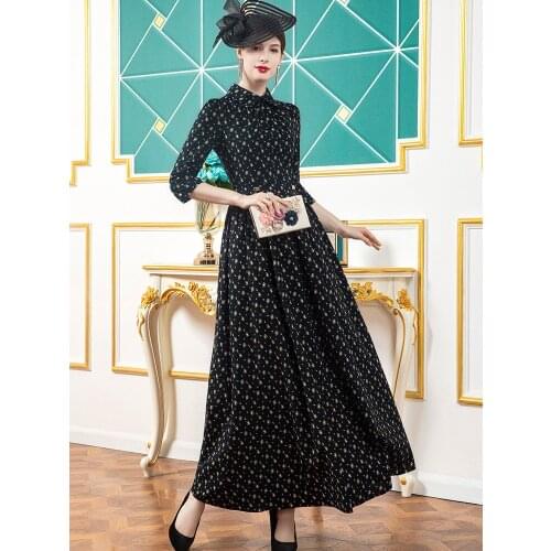 2021 Chiffon Spring Autumn Long Dress Office Lady Women Printing Maxi Dress 2/3 Sleeve Turn-down Collar Birthday Dress SS8161