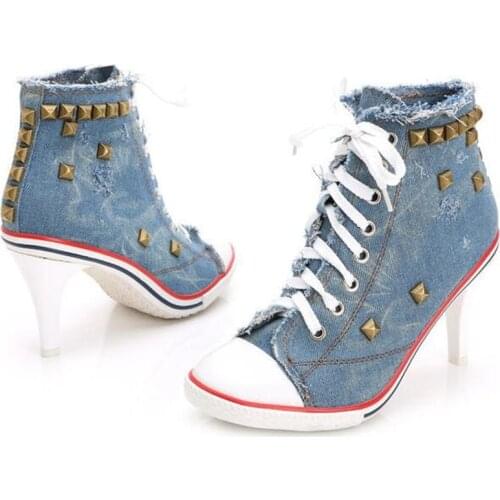 2021 Women Canvas Shoes Denim High Heels Rivets Shoes Fashion Shoe Laces Sneakers Women Short Boots Womens Pumps