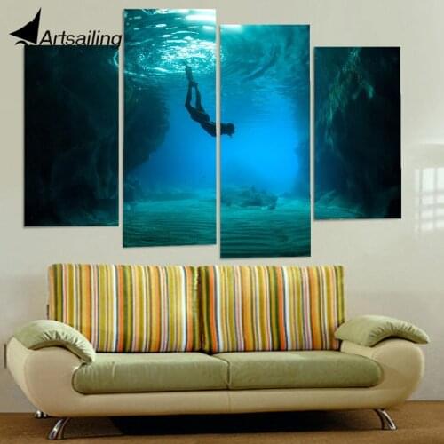 4 Piece Canvas Art Canvas Painting Diving Underwater HD Printed Wall Art Home Decor Poster Wall Pictures for Living Room XA240B