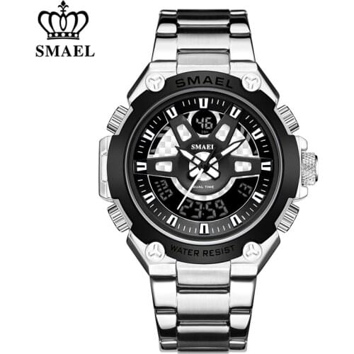 SMAEL Military Sport Men Watches LED Analog Digital Watch Men Stainless Steel Waterproof Dual Display Multifunction Wrist Watch