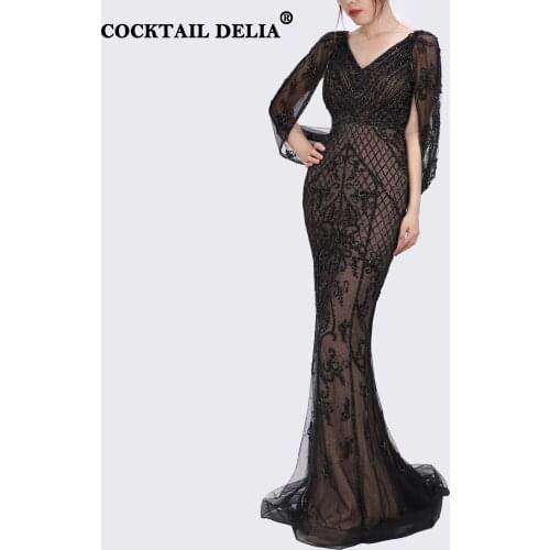 Black V-Neck Mermaid Evening Dresses 2021 Dubai Long Elegant Luxury Beading Gowns For Women Party Wear Formal Celebrity Crystal