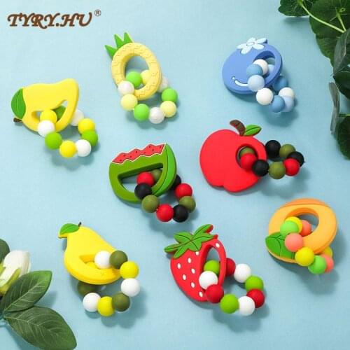 TYRY.HU 1pc Silicone Fruit Teether Baby Bracelet Silicone Beads Straberry Pineapple Apple Watermelon Teething Bracelet BPA Free