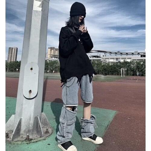 Korean straight mopping jeans womens high waist loose zipper stitching hip-hop long pants unisex high street vintage trousers