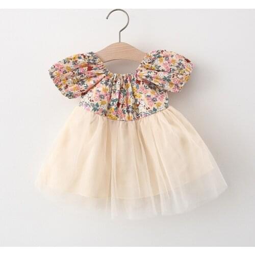 Summer Baby Girls Sweet Dress Fashion Flowers Printed Puff Sleeve Lace Tulle Patchwork Tutu Mini Dress For Girls