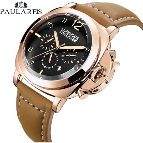 Men Automatic Self Wind Mechanical Genuine Brown Leather Strap Multifunction Date Month Yellow Green Luminous Rose Gold Watch