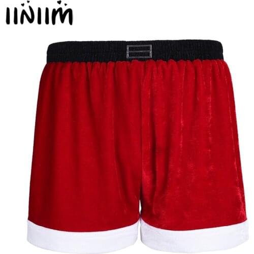 US/UK STOCK Red Mens Flannel Christmas Santa Claus Costume Holiday Boxer Shorts White Flannel Trimmings for Fun Gifts