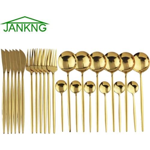 24Pcs Gold Dinnerware Mirror Cutlery Set Stainless Steel Dinnerware Western Silverware Kitchen Knife Spoon Fork Dinner Set