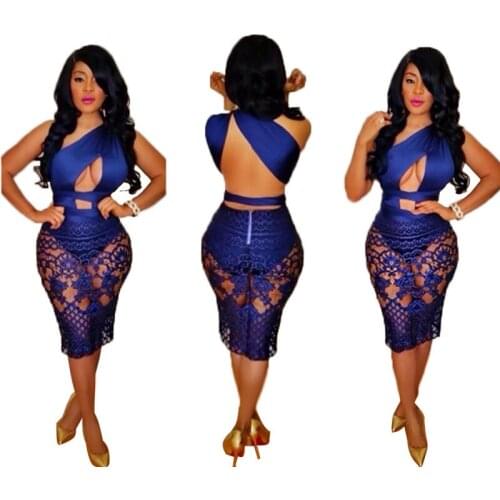 Sexy Women Summer Hollow out Dress One-shoulder vestido Lace bandage Dresses