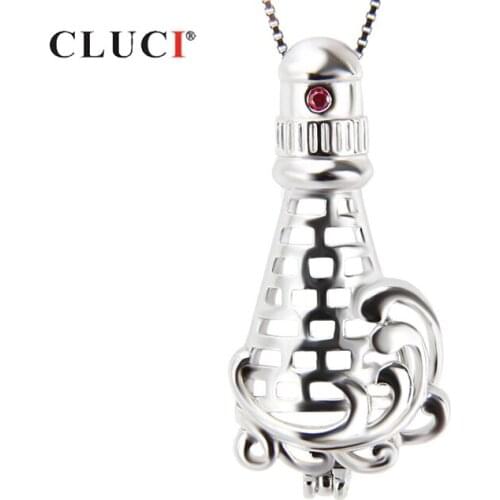 CLUCI Silver 925 Castle Lighthouse Shaped Cage Pendant Women Zircon 925 Sterling Silver Charms Pendant Pearl Locket SC178SB