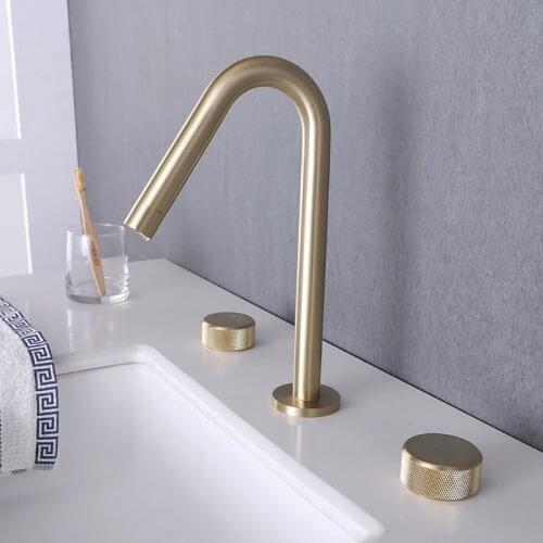 Basin Faucets Brass Polished Black Gold Deck Mounted Bathroom Sink Faucet Widespread 3 Hole Double Handle Hot And Cold Water Tap