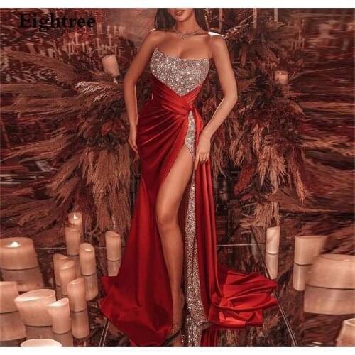 Eightree Royal Red Glitter Sequines Mermaid Evening Dress Long High Slit Sleeveless Floor Length Formal Party Gowns Dresses
