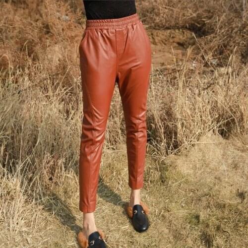 Women Sheepskin Genuine Pencil New Lady Luxury Real Leather Trousers Elegant Pants Autumn Elastic Waist Streetwear