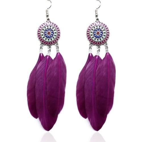 Pendientes mujer moda Feathers long earrings Round flower earrings Female national wind Leaves accessories Feathers long earring