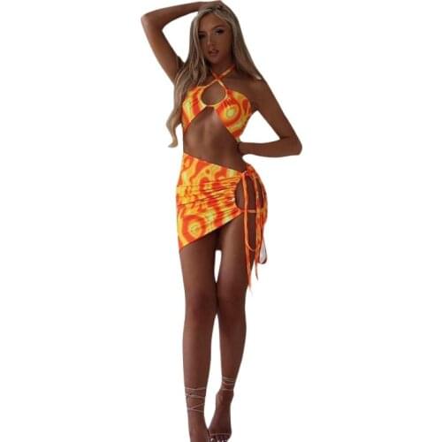 Skirts Womens Sets 2021Summer Clothing Halter Printed Two Piece Mini Skirts Set Charming Cut Backless Lace Up Short Skirt Set