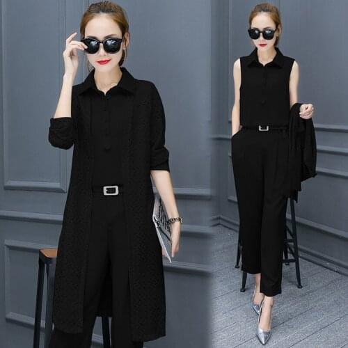 Womens suit long-sleeved lace coat chiffon shirt trousers temperament Slim fashion three-piece suit female spring and autumnnew