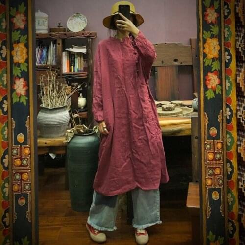 Johnature Vintage Dress Women Clothes 2021 New Autumn Turn-down Collar Loose Button Full Sleeve Solid Color Linen Women Dresses