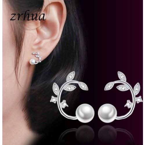 ZRHUA Trendy Romantic Women Silver Color Stud Earrings Cubic Zircon Jewelry Leaves Pearl Earrings for Girls Hot Brincos