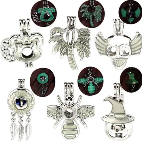 6X Green Luminous Skull Pumpkin Palm Tree Bee Beads Pearl Cage Perfume Diffuser Glow in Dark Locket Pendant