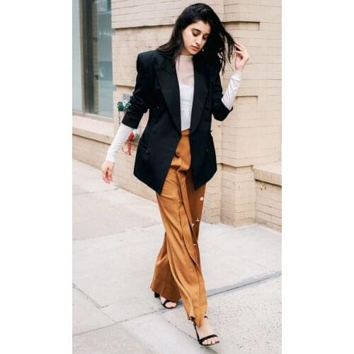 AEL Metal Buttons Split Front Golden Broad Leg Pants Spring Womens Clothing