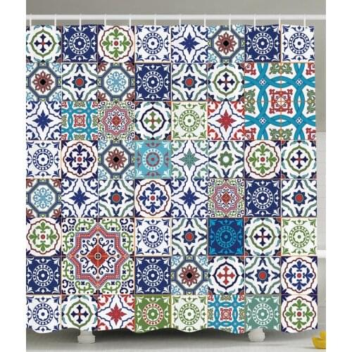 Patchwork Decor Mosaic Ceramic View Moroccan Tile Traditional Bath Decorations Art Print Eastern Style Polyester Shower Curtain