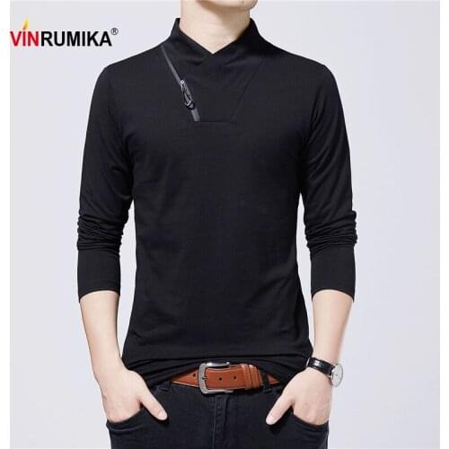 Large Size M-5XL 2020 Mens Spring Casual Brand Cotton Gray Long Sleeve T-shirts Autumn Man Wine Red Zipper V-Neck Black T-shirt