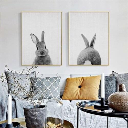 Grey Brown Rabbit Back View Front View Cute Bunny Canvas Paintings Art Posters Prints Wall Art For Living Room Decor Home Decor