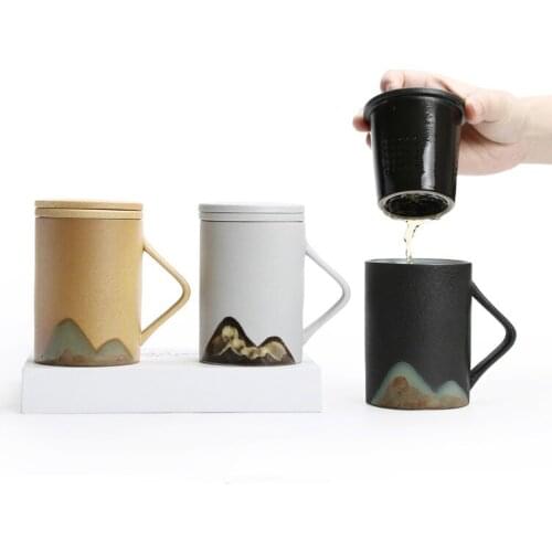 Ceramic Mug Luxury Retro Filter Tea Cup Large Capacity Office Black Pottery Water Cup with Cover and Wooden Handle Gift Box