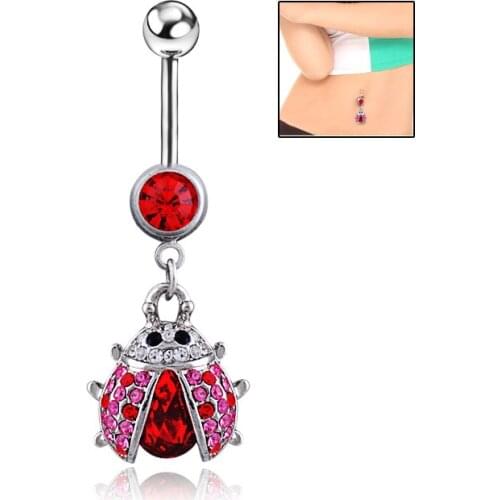 Cute Piercing Body Jewelry Red Crystal Beatle Dangle 316L Surgical Surgical Steel Barbell Navel Belly Button Rings