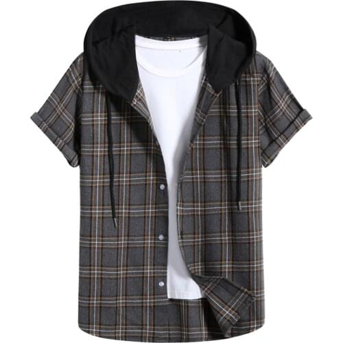 2021 Summer Shirt For Men Spring Casual Dress Shirt Slim Plaid Short Sleeve Shirts Hooded Shirts Top Blouse camisas de hombre