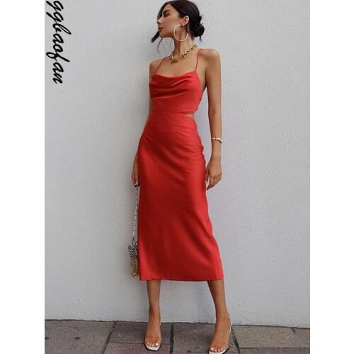 Ggbaofan Elegant Satin Straps Draped Midi Dress Women Sleeveless Dresses Fashion Summer Bandage Lace Up Gown Outfits Clothes