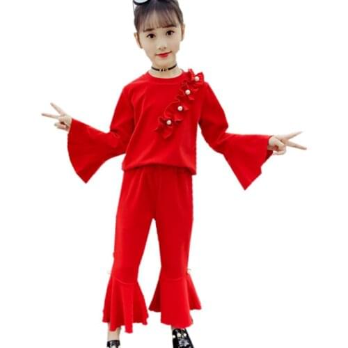 Tracksuit Girls 2020 Ruffle Pearl Flare Sleeve + Flare Pants Girls Sport Suits Spring Fall Children Clothing Casual Kids Outfits