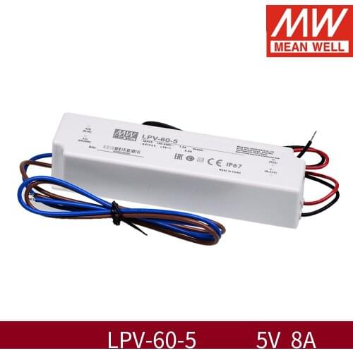 Taiwan Meanwell IP67 Constant Voltage Led Driver Switching Power Supply Lpv-60-5 40W 85-264VAC To DC 5V 8A Source Transformer