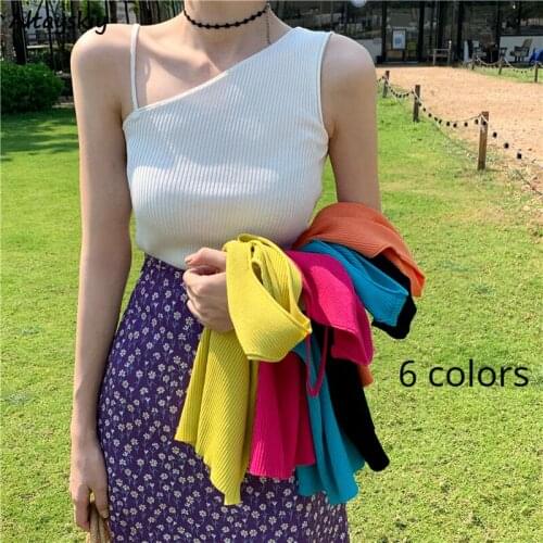 Camisole Women Minimalists Asymmetrical Crop Top Solid 6 Colors Hot Sale Fashion Korean Style Female Design Knitted Camis Ins