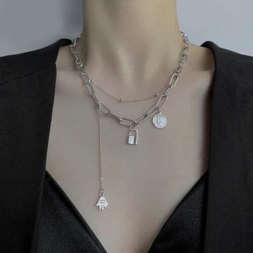 U-Magical Hiphop Double Layer Lock Coin Medallion Pendant Necklace for Women Chunky Chain Metal Letter Hand Necklace Jewelry