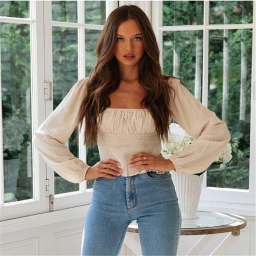 Vintage Ruffles Blouses Autumn Clothes Square Collar Crop Tops Ruched Frilly Shirts Women Long Sleeve Blouse Lantern Sleeve Tops