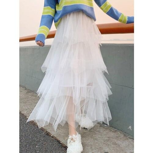 Spring Female New Korean Pleated Skirt Mesh Cake Fairy Skirt Irregular Mesh High Waist Sweet Casual Street Skirt