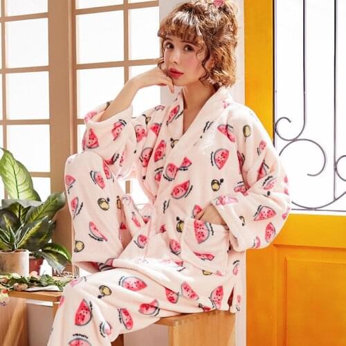 Women winter thick coral fleece pajamas women kimono bathrobe robe blet long sleeve trousers flannel women pajama sets pajama