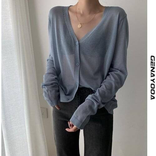 Genayooa Cardigan Women Korean Long Sleeve Cardigan Summer Cardigan Knitted V neck Thin Ice Silk Sweaters Sunscreen Shirt Tops
