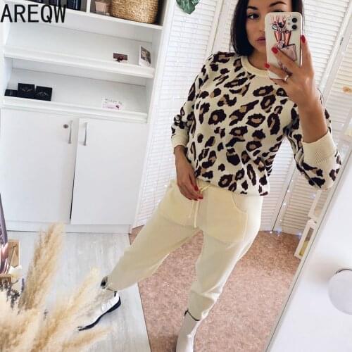 2 Piece Set Women Fashion Leopard Print Knitted Sweater Suit Female Spring and Autumn 2021 New Korean Style Top + Pants