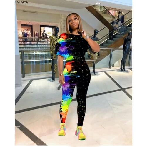 CM.YAYA Tie Dye Galaxy Print Womens Set Short Sleeve Top Jogger Pants Suit Active Wear Tracksuit Two Piece Set Fitness Outfit